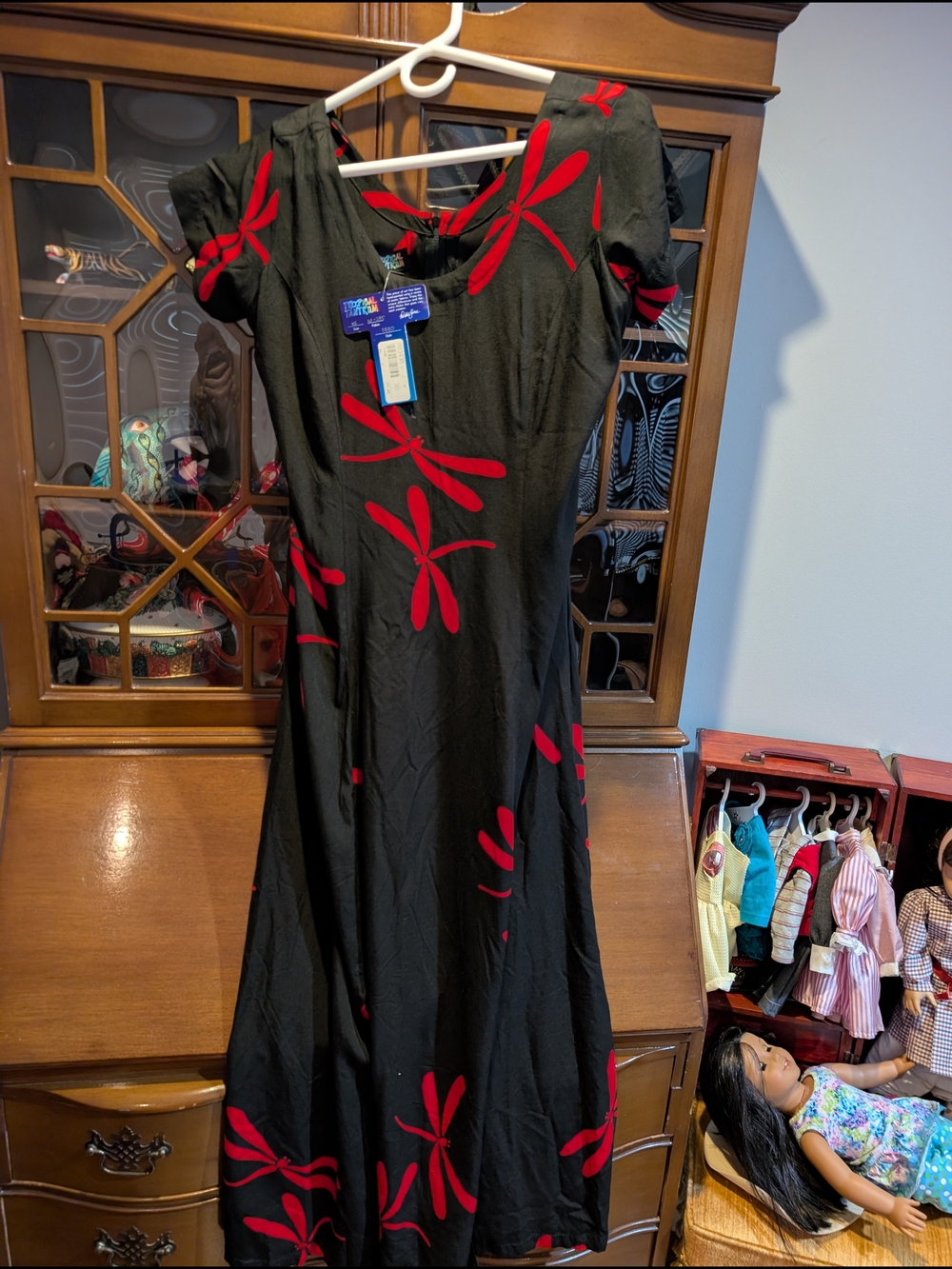Tropical Tantrum Black Maxi Dress with Red Floral Accents Size XS